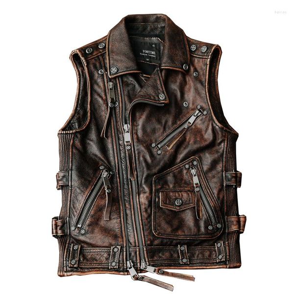 Gilet da uomo American Retro Biker Man Gilet in vera pelle Primo strato Cappotto di pelle bovina Corto da equitazione Multi-tasche da donna