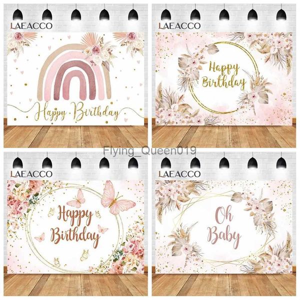 Hintergrundmaterial Laeacco Vinyl-Hintergrund „Alles Gute zum Geburtstag“ für Fotografie Goldrahmen Rosa Pampasgras Blumen Babyparty Benutzerdefinierter Fotohintergrund YQ231003