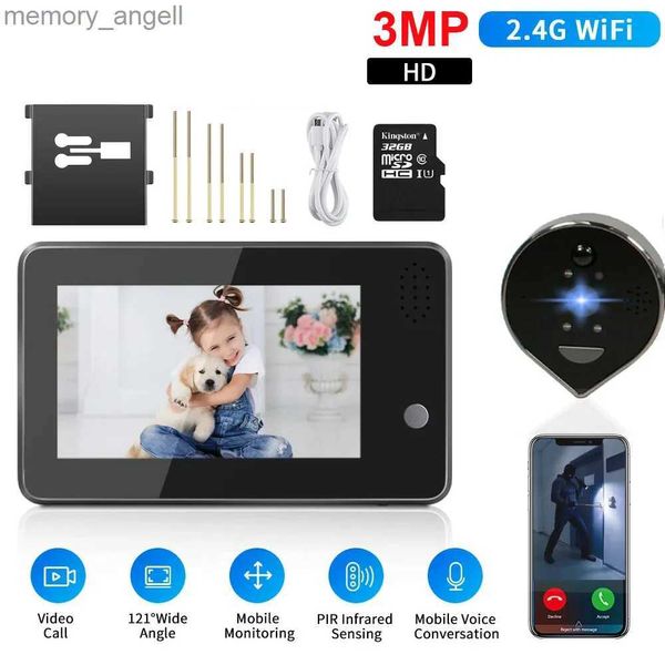 Campainhas 3MP Smart Peephole Campainha Câmera wi-fi 4,3 polegadas Campainha de porta de vídeo Noite IR chamada sem fio Alarme de movimento iCam365 Campainha de casa inteligente YQ2301003