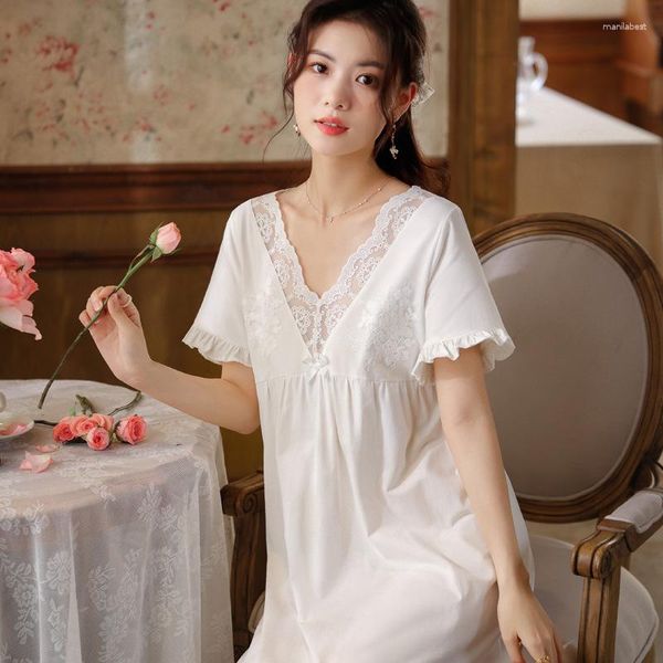 Mulheres sleepwear sexy laço v pescoço noite vestido mulheres algodão manga curta longo robe loungewear princesa nightwear branco vintage camisola