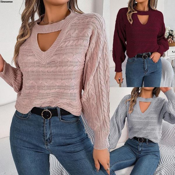 Camisolas femininas Mulheres Outono Inverno Cabo Knit Sweater Sexy Recorte Manga Longa Tripulação Pescoço Rib Pulôver Solto Malha Jumpers Tops