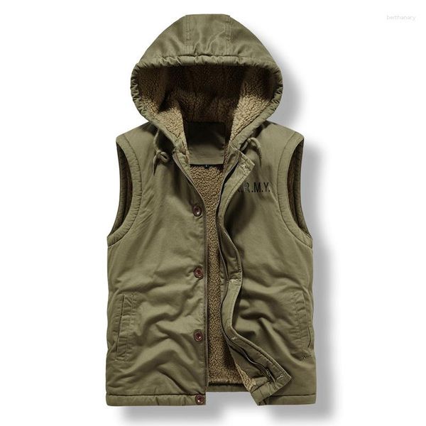 Coletes masculinos inverno casaco de algodão com capuz grosso cashmere colete militar carga velo sem mangas jaqueta solta colete de pelúcia