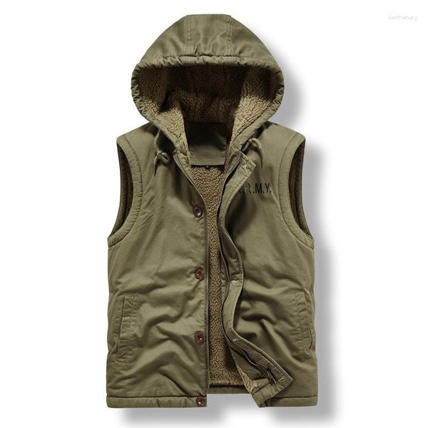 Gilet da uomo Cappotto invernale in cotone Gilet in cashmere spesso con cappuccio Giacca senza maniche in pile cargo militare Gilet in peluche allentato