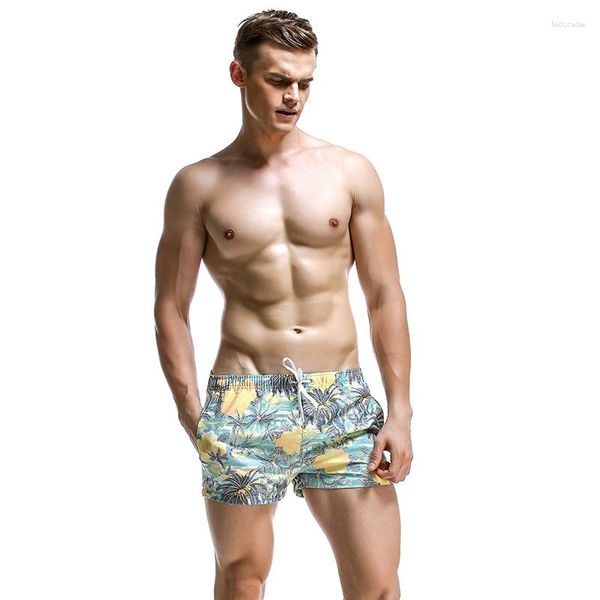 Shorts masculinos verão curto homens placa coco folha padrão mar praia estilo troncos secos rápidos