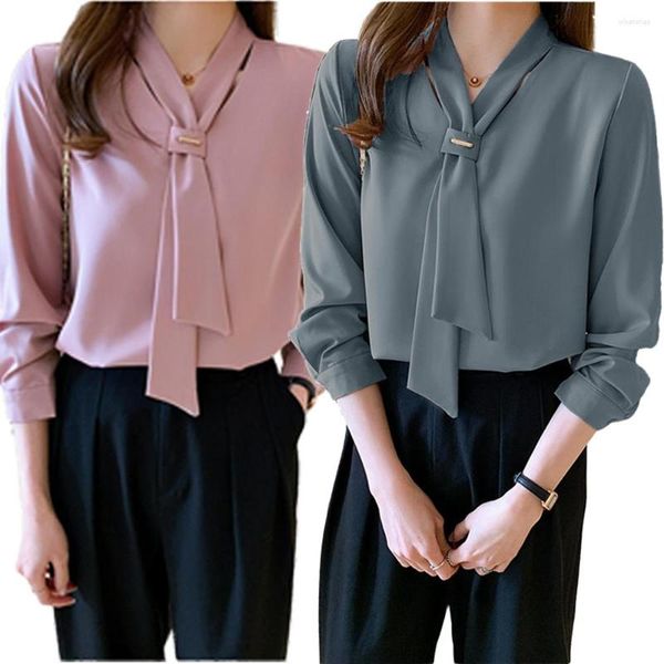 Blusas femininas escritório blusa branca camisa 2023 primavera outono pullovers topo com gravata senhoras ol manga longa elegante chiffon camisas