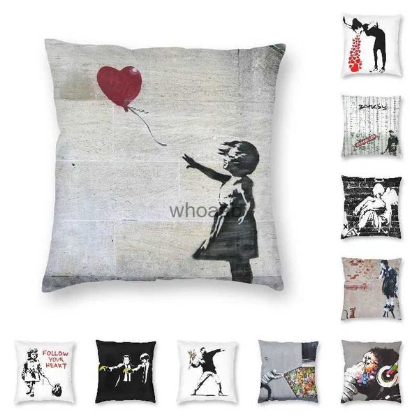 Almofadas de pelúcia Almofadas Banksy Street Pop Art Square Fronha Home Decor Graffiti Artist Capa de almofada Almofada para sofá Impressão frente e verso YQ231003