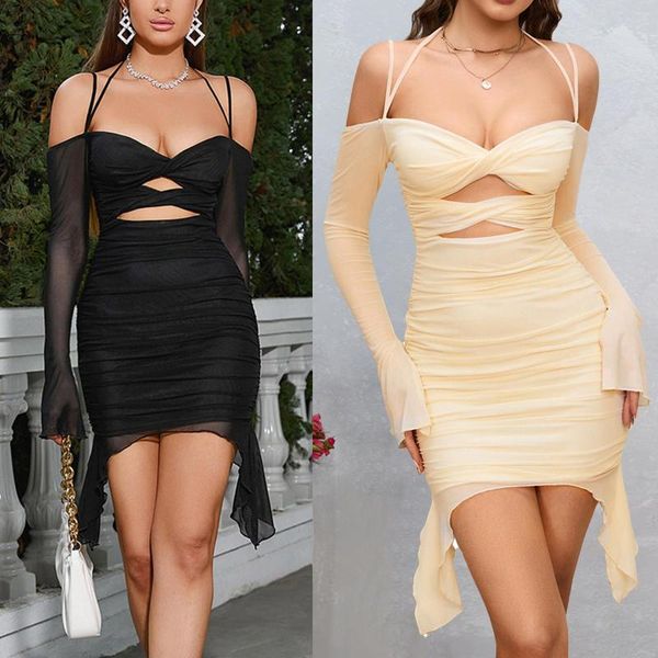 Sıradan elbiseler kapalı omuz bayanlar bodycon kısa elbise kadınlar yular örgü çıkış seksi askı uzun kollu ince fit tatil kıyafeti