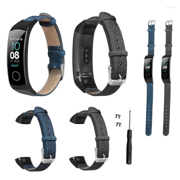 Bandas de relógio denim padrão couro genuíno pulseira de pulso substituição para huawei honor band 5/4 pulseira acessórios 1 pc