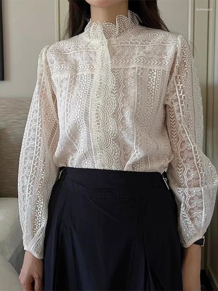 Женские блузки, милая женская рубашка с цветочным узором на крючках, рукав-фонарик, воротник-стойка, лоскутная модная блузка 2023, осенний женский топ X324