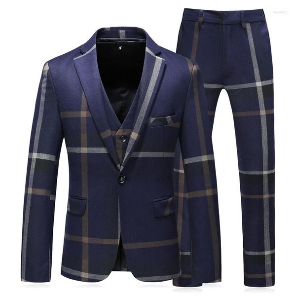 Ternos masculinos xadrez 3 peças terno conjunto blazer colete calças estilo britânico fino duplo breasted vestido de casamento jaqueta casaco calças colete masculino