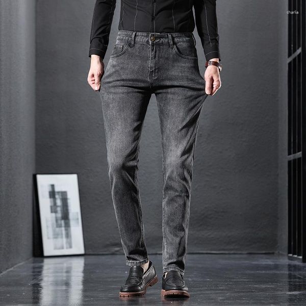Jeans masculinos 2023 luz 2024 calças de cintura média cinza preto fino estiramento reto calças casuais homens