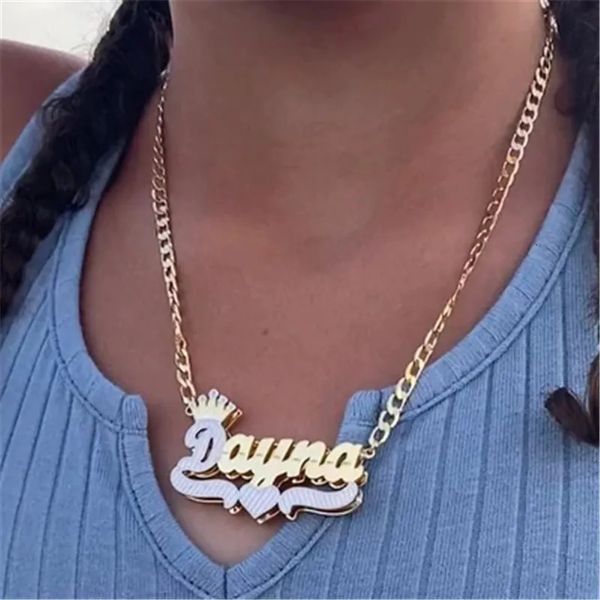 Collane con ciondolo Collana con nome personalizzato con corona 18K doppia placcatura targhetta bicolore gioielli in acciaio inossidabile per donna 230928