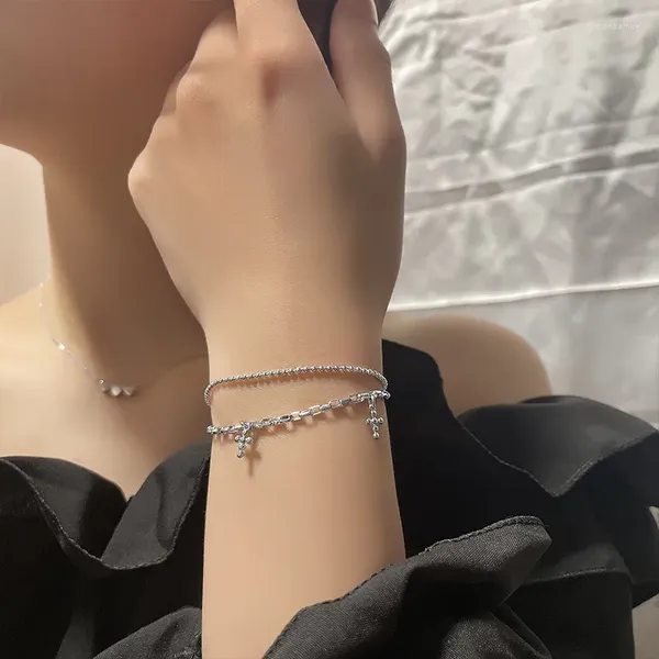 Link pulseiras 925 selo prata cor cruz pulseira para mulheres menina presente camadas duplas corrente festa diária moda jóias gota atacado