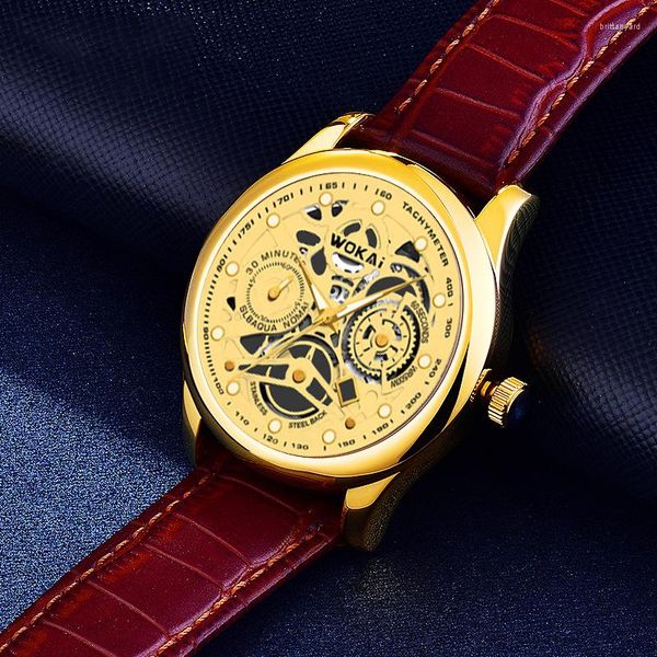 Orologi da polso 2023 WOKAI Orologi d'oro per gli uomini di moda di lusso dorato scheletro superficie al quarzo Relógios Masculinos Reloj De Hombre