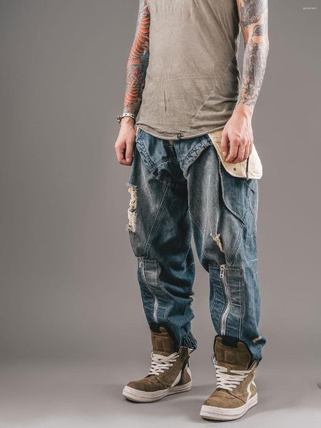 Jeans masculinos Waste Solo Ventilador Tridimensional Perfil Multi-bolso Ajustável Solto Lavado Calças de Perna Larga Baggy