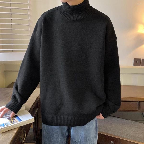 Мужские свитера, осенний пуловер с высоким воротником, вязаный однотонный свободный корейский модный топ в стиле Харадзюку, мужские кофты, свитер