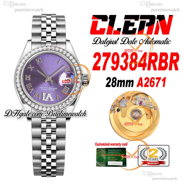 Clean Factory CF 279384RBR A2671 Relógio Automático Feminino 28mm Daimonds Moldura Diamante Roxo Dial 904L Jubileesteel Pulseira Super Versão Feminina Puretimewatch