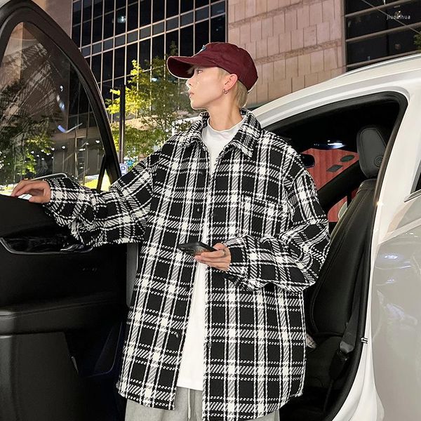 Casacos masculinos vintage xadrez casaco outono coreano tamanho grande moda turn down colarinho masculino outerwear roupas