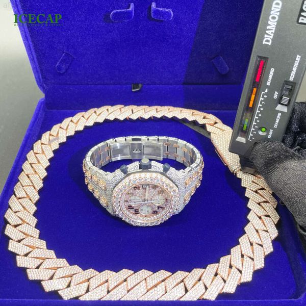 Marke mode frau Mode Neue Design Vvs Moissanit Diamant Uhr Runde Form Eis Aus Schmuck 41mm Cuabn Kette Sets