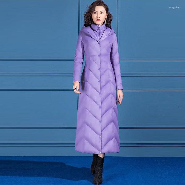 Casacos de Trench das Mulheres Moda Temperamento Algodão Casaco Mulheres 2023 Roxo Com Capuz Luz e Fino Quente Parka Cintura Emagrecimento High-End Long Feminino