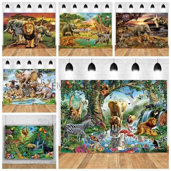 Material de fundo Floresta tropical Animais Pano de fundo Leão selvagem Elefante Girafa Zebra Pano de fundo Jungle Safari Feliz aniversário Decoração de festa YQ231003