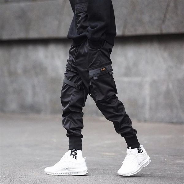 QNPQYX Neue Männer mode hosen Bänder Farbe Block Schwarz Tasche Cargo Hosen Harem Jogger Harajuku Sweatpant Hip Hop Hose349R