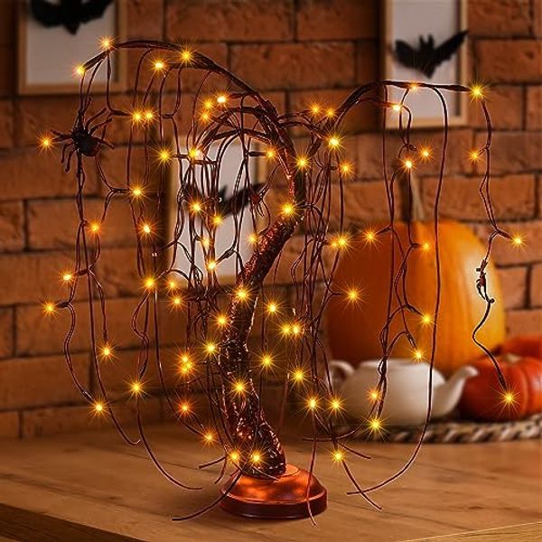 24 Polegadas Halloween Iluminado Bonsai Luz 80 Laranja e Roxo Luzes LED Lâmpada de mesa Decoração de mesa de árvore artificial com plugue adaptador de 4 aranhas