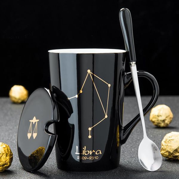 12 Konstellationen Keramik-Kaffeemilchbecher mit Löffeldeckel Schwarz und Gold Porzellan Sternzeichen Keramiktasse 420 ml Home Water Drinkware176n