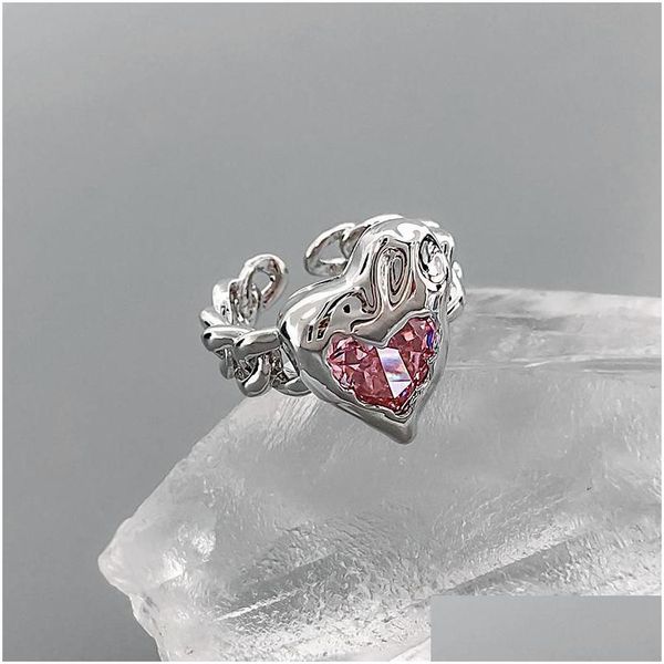 Anéis na moda feminino rosa zircon pedra anel charme sier cor noivado clássico cristal coração aberto para mulheres gota entrega jóias dhvq6