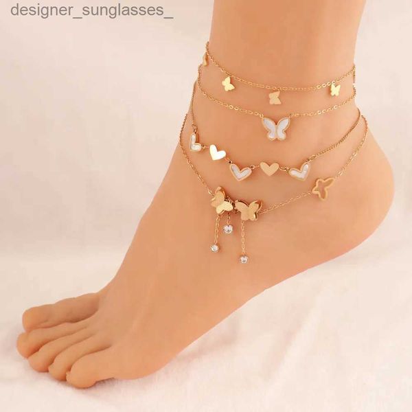 Tornozeleiras de aço inoxidável corrente tornozeleira para mulheres bohemia borboleta coração tornozelo pulseira na perna pé verão praia jóias presentel231004
