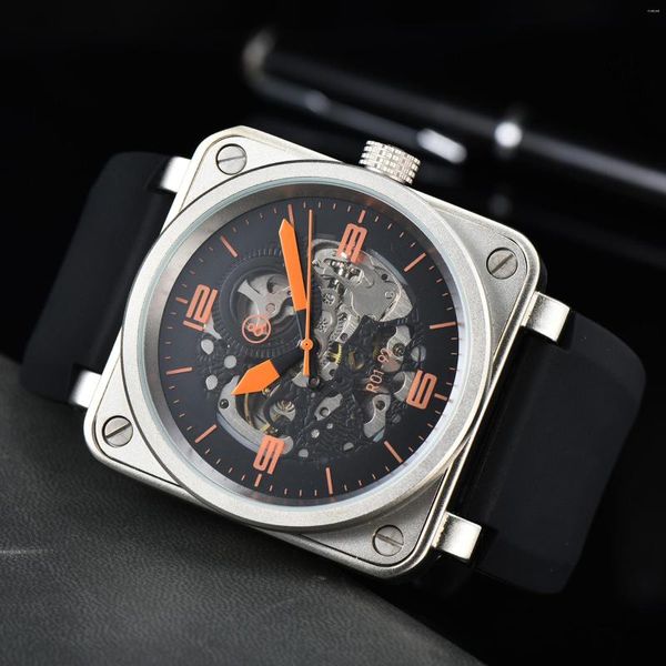 Armbanduhren Original Marke Männer Automatische Hollow Out Mechanische Uhr Glocke Braunes Leder Schwarz Ross Gummi 46mm Großes Zifferblatt für Uhren