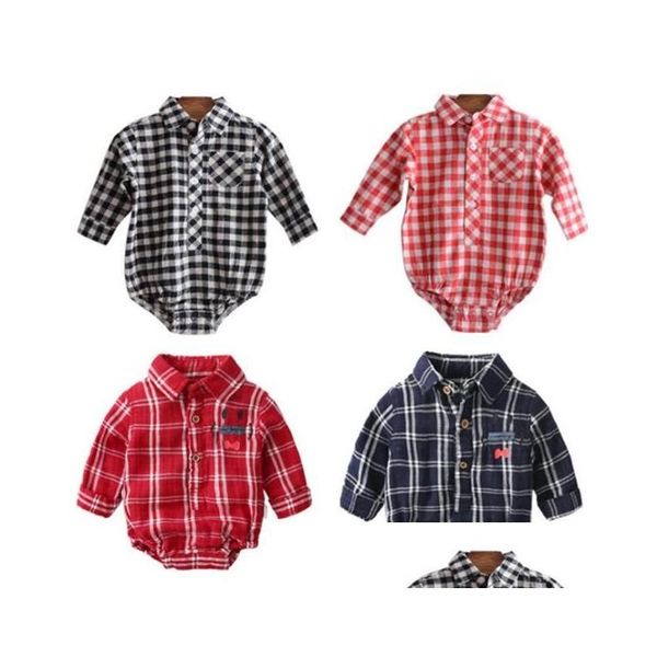 Pagliaccetti Abbigliamento per bambini Ragazzi Plaid Check Baby Grid Tute Manica lunga Risvolto Tutina Triangolo Tute in cotone Estate Casual Climb Suit Dhipl