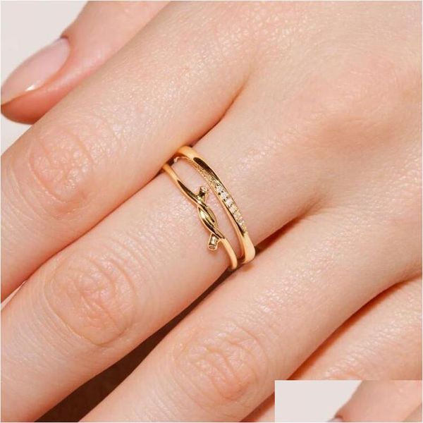 Anelli a grappolo Minimal Delicato 100% 925 Sterling Sier Thin Finger Band 2 Clear Cz Filo spinato Nodo Colore oro Vermeil Anello delicato per Dhbmo