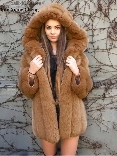 Kadınlar Kürk Faux Fur 2023 Sonbahar Kış Kış Kadınları Kapşonlu Kürk Müte Durumu Orta Uzunluk Zarif Lüks Sıcak Kalın Çizgili Ceket Uzun Kollu Moda T231003