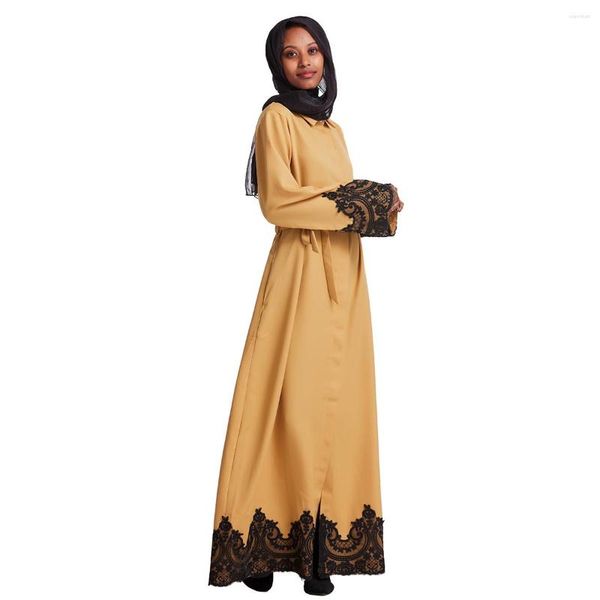 Ethnische Kleidung Muslimische Frauen Islamische Thobe Ramadan Lange Ärmel Applikation Spitze Hemdkragen Knöchellanges Kleid Abaya Lady Arab Maxi Robe