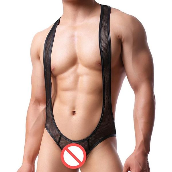 Sexy masculino preto malha aberta bunda bodysuit homem macacão wrestling singlet shaper gay suspender ursinhos náilon transparente bodysuit241e