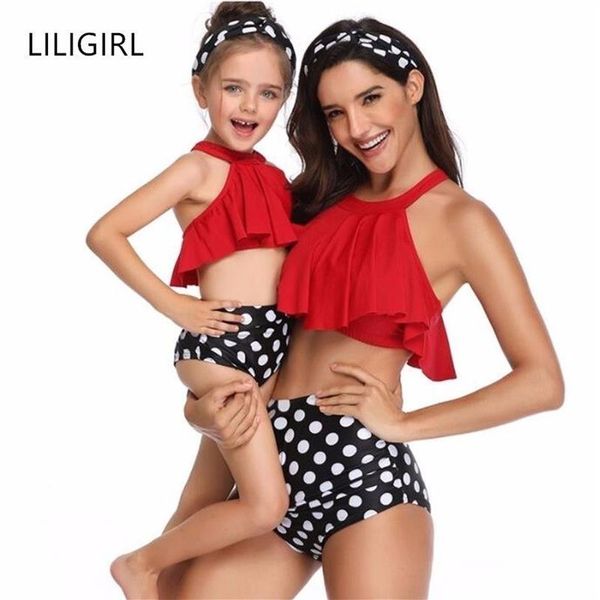 LILIGIRL Nova Mamãe e Me Bonito Dot Maiô Biquíni para Família Mãe Filha Combinando Roupas de Verão Roupas mae e filha Placa LJ294O