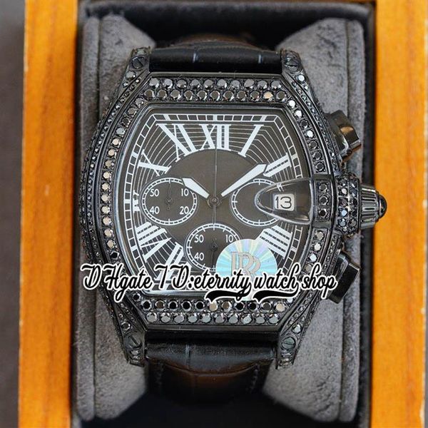 TWF Tortue XL tw62020X6 Orologio da uomo Giappone Miyota Cronografo al quarzo PVD Acciaio Diamanti Quadrante nero romano Cassa con diamanti ghiacciata Leath304G