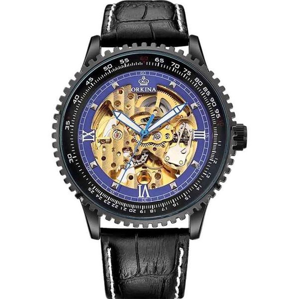 Orkina grande dial esqueleto automático relógios mecânicos homens pulseira de couro preto masculino relógios de pulso homem relógio relogio masculino 2107229e