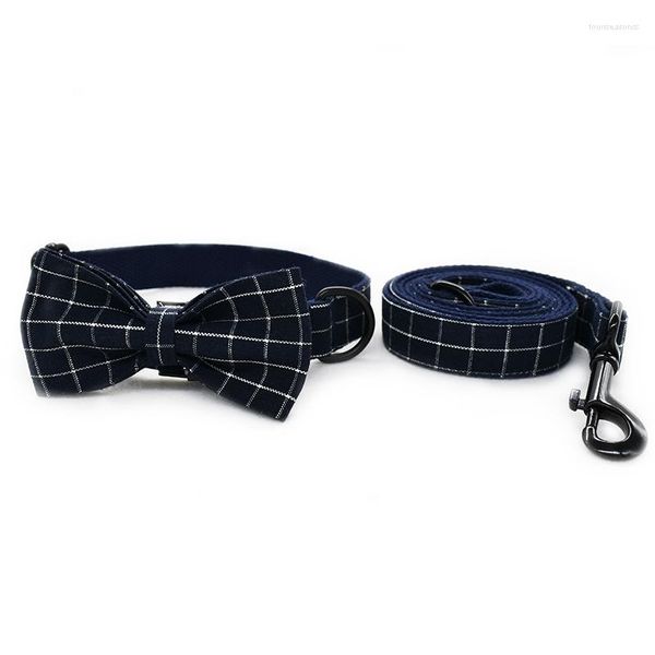 Coleiras de cachorro colar e trela conjunto com gravata borboleta algodão gato colar chumbo azul xadrez fivela de metal preto