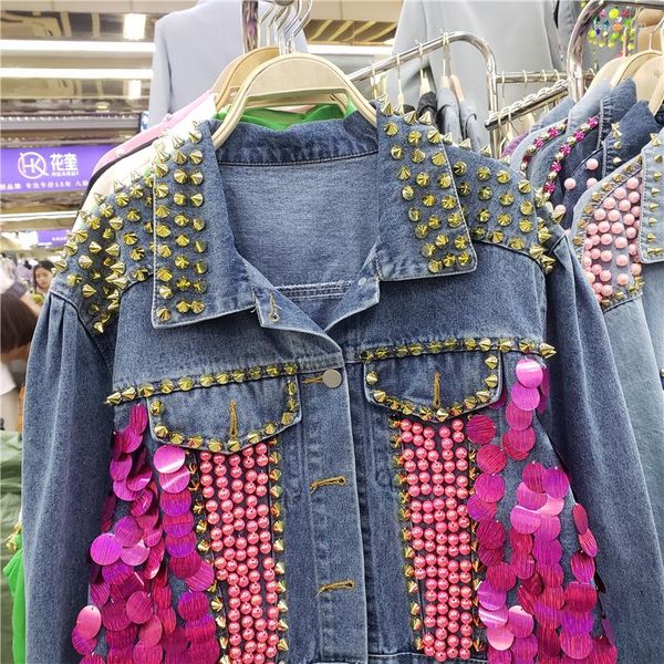 Jaquetas femininas indústria pesada pregado contas denim estilo curto jaqueta feminina 2023 primavera e outono rebite lantejoulas outwear casaco