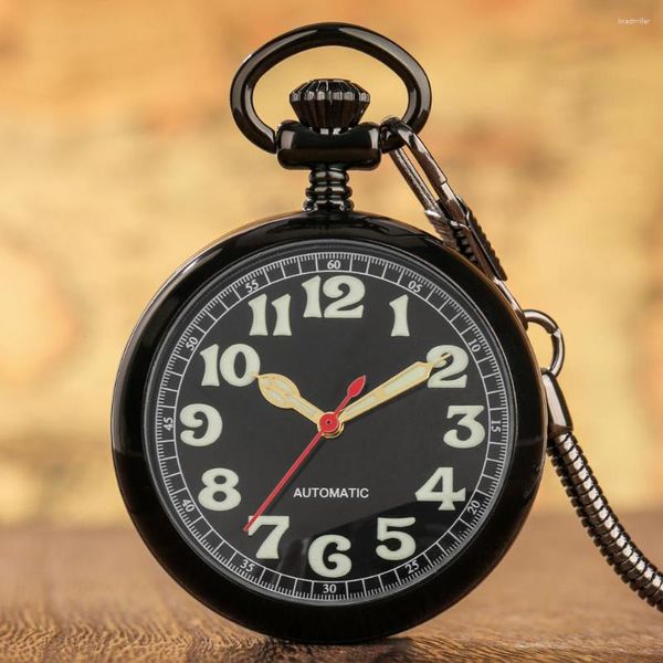 Pocket Uhren Vintage Black Männer Automatische mechanische Uhr Luminöse arabische Ziffern analog offenes Gesicht Zifferblatt Anhänger Uhr FOB Kette Geschenk