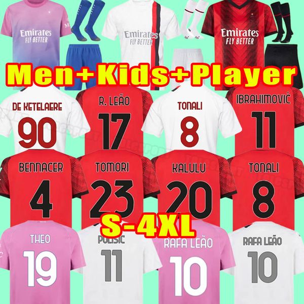 23 24 maglia da calcioS Fans Player versione IBRAHIMOVIC MILAN GIROUD R. LEAO BENNACER KESSIE ROMAGNOLI CALHANOGLU TONALI REBIC 2023 2024 Uomini bambini 3XL 4XL kit completi