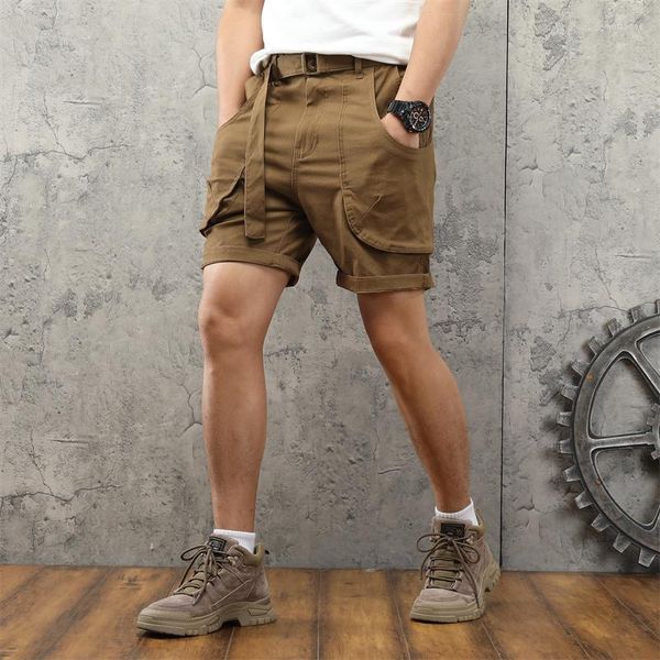 Pantaloncini da uomo estivi multi tasche cargo con cintura moda stile retrò tinta unita casual all'aperto