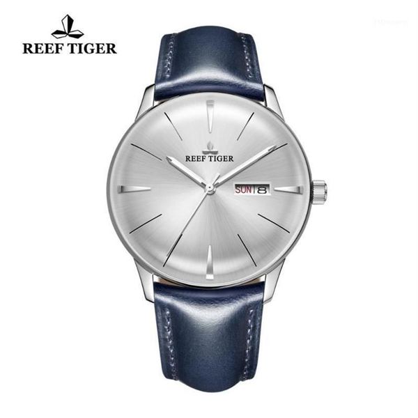 Armbanduhren 2021 Reef Tiger RT Kleiduhren für Herren, blaues Lederband, konvexe Linse, weißes Zifferblatt, Automatik, RGA82381300I