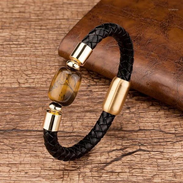 Braccialetti con ciondoli Gioielli da uomo di moda Fatti a mano Pietra ovale naturale Vera pelle Chiusura magnetica in acciaio inossidabile dorato per uomo Bang183B