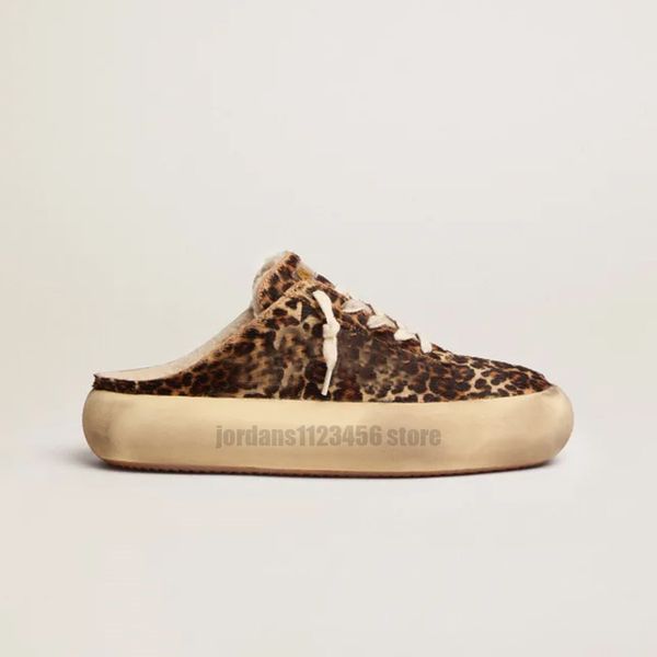 Itália marca designer tênis sapatos casuais super estrela lantejoulas pelúcia sola grossa fazer velhos gansos sujos retro preto cor castanha leopardo impressão chinelos pão sapatosI