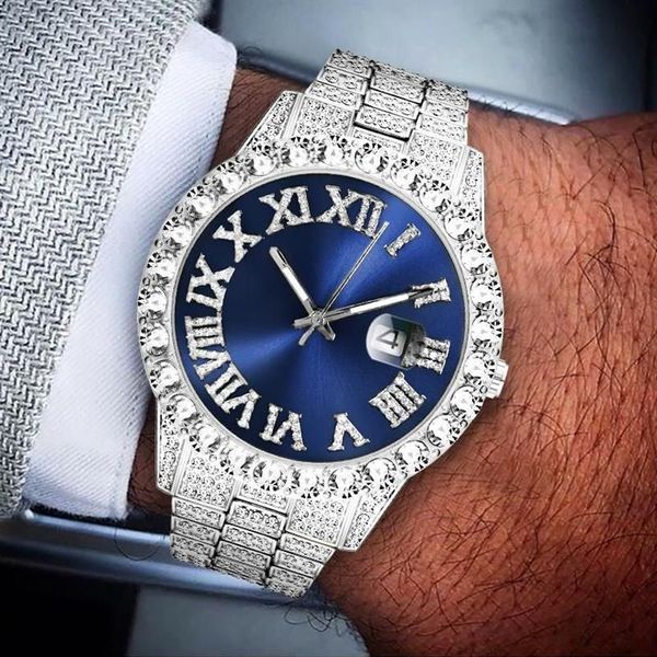 Grande diamante ouro relógios masculinos calendário platina icd relógio masculino quartzo movt aço relog hip hop iced out relógio de pulso watches240c