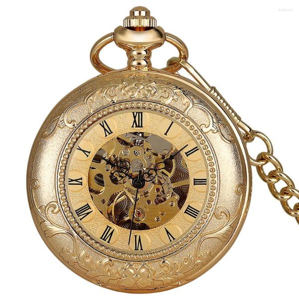 Orologi da tasca Numeri romani Orologio di lusso con intaglio a vento automatico Scheletro Squisito ciondolo meccanico automatico in oro Regali per donna Uomo