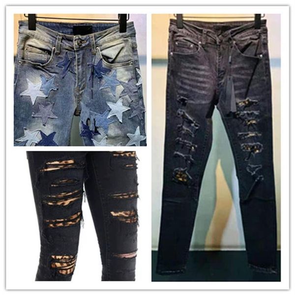Дизайнерские роскошные мужские джинсы с леопардовой нашивкой, джинсовый стиль с дырками, модные стираные брюки с тонкими штанинами, байкерские повседневные повседневные брюки высшего качества, размер США 28279t